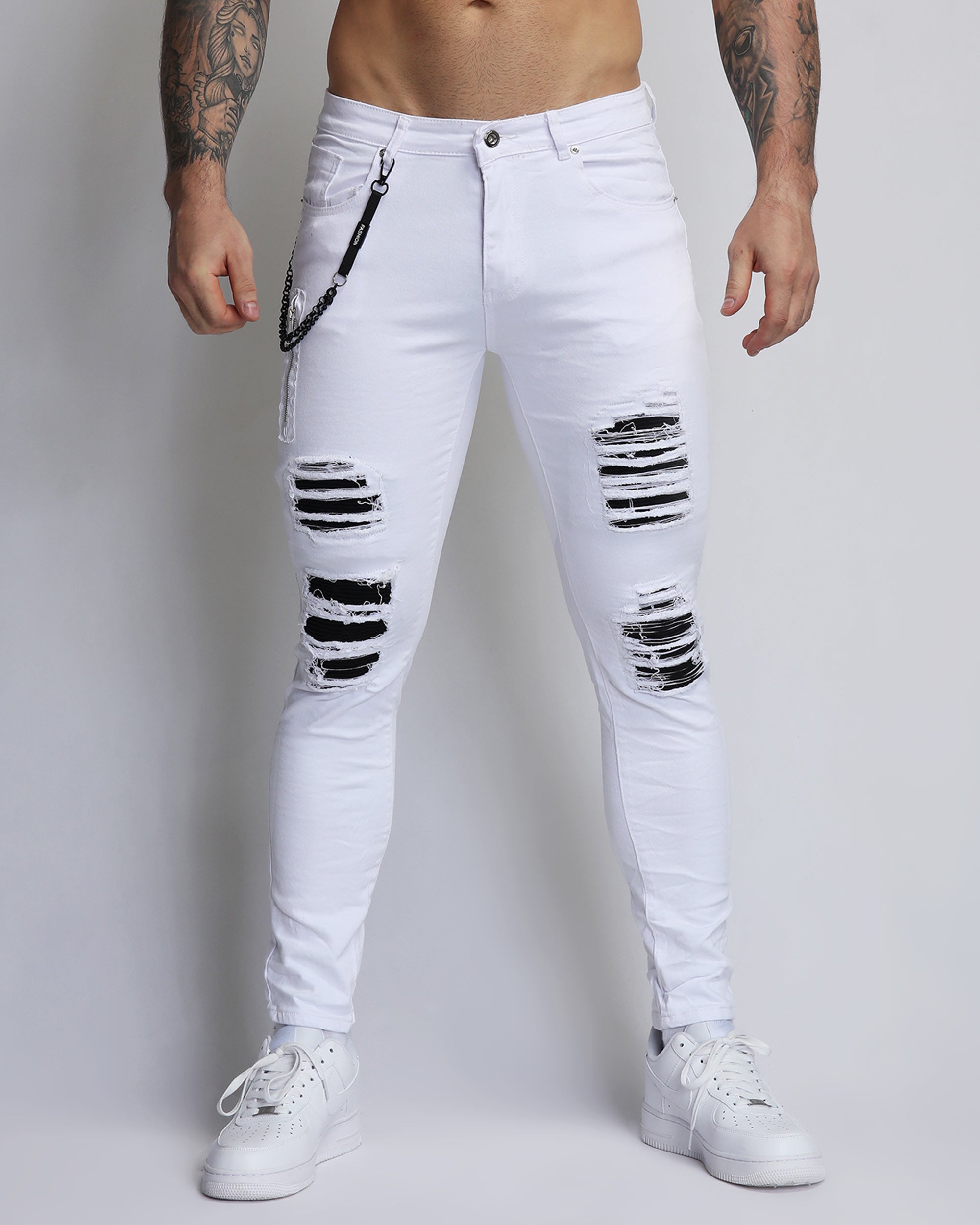 Black And White Patchwork Slim Fitting Rough Edge Washed Jeans