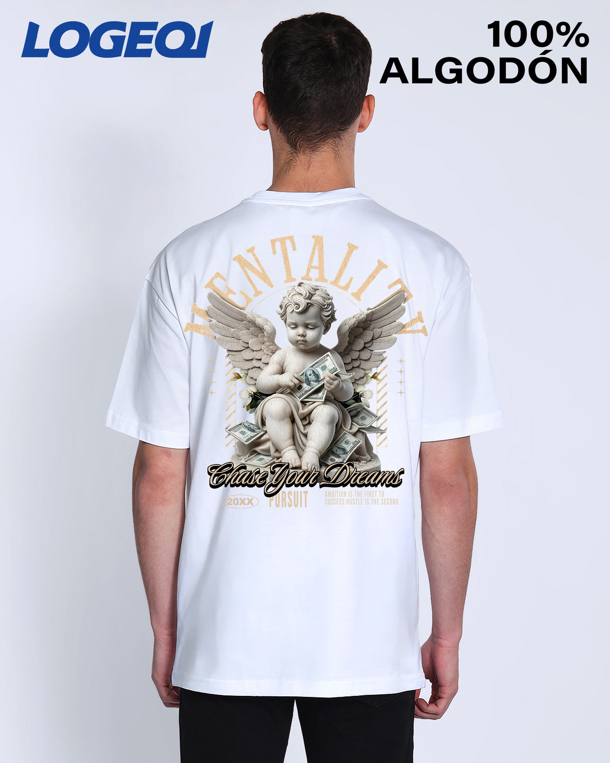 Rear view of the LOGEQI Men’s white oversized 'MENTALITY' angel graphic tee