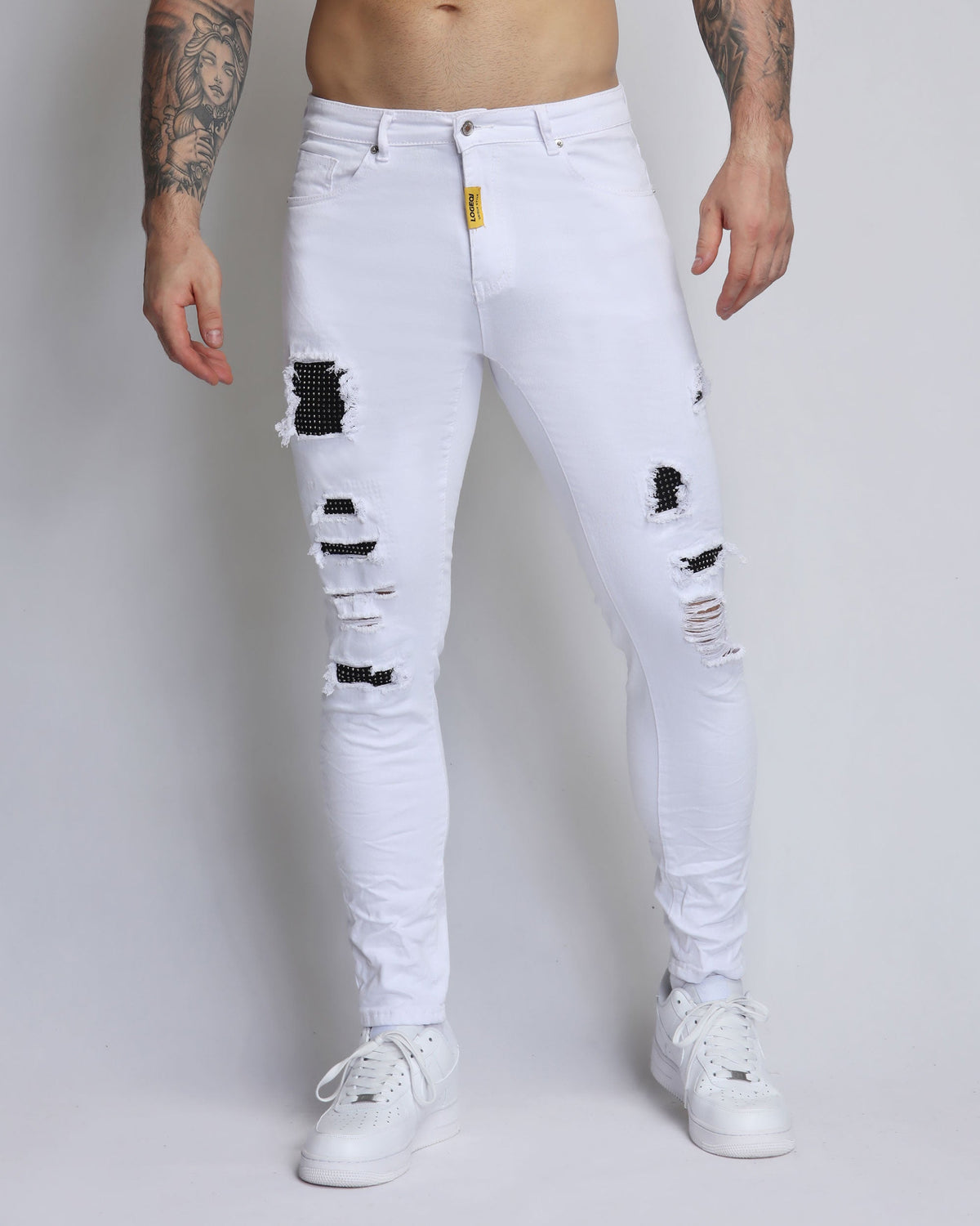 White Ripped Jeans with Dimond Patch