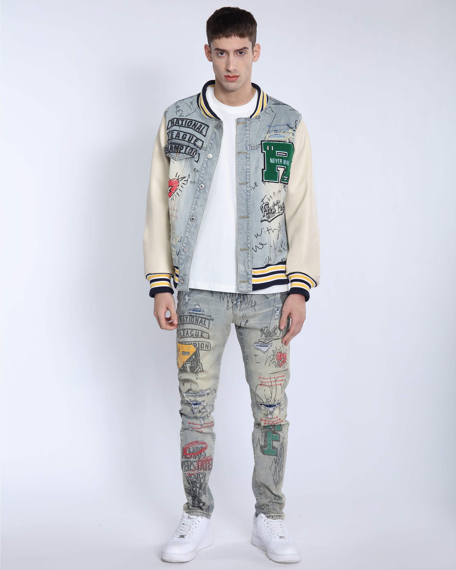 Retro Baseball Denim Jacket with Distressed Details