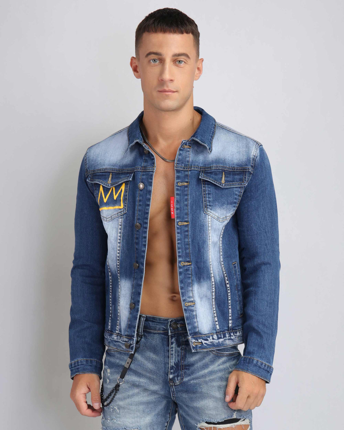 Irregular Wash Blue Denim Jacket with Crown Embroidery