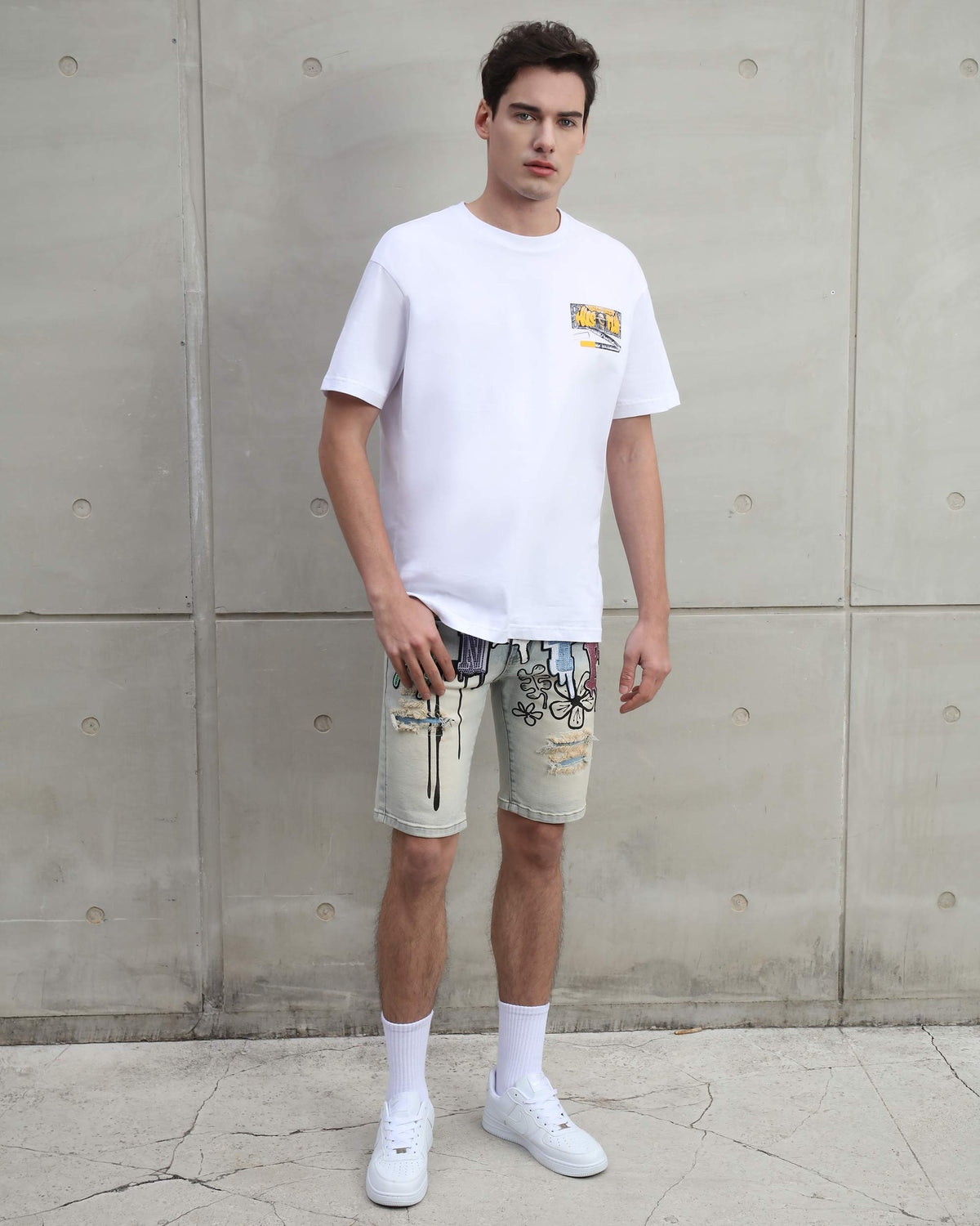 Distressed Graffiti Painted Blue Denim Shorts