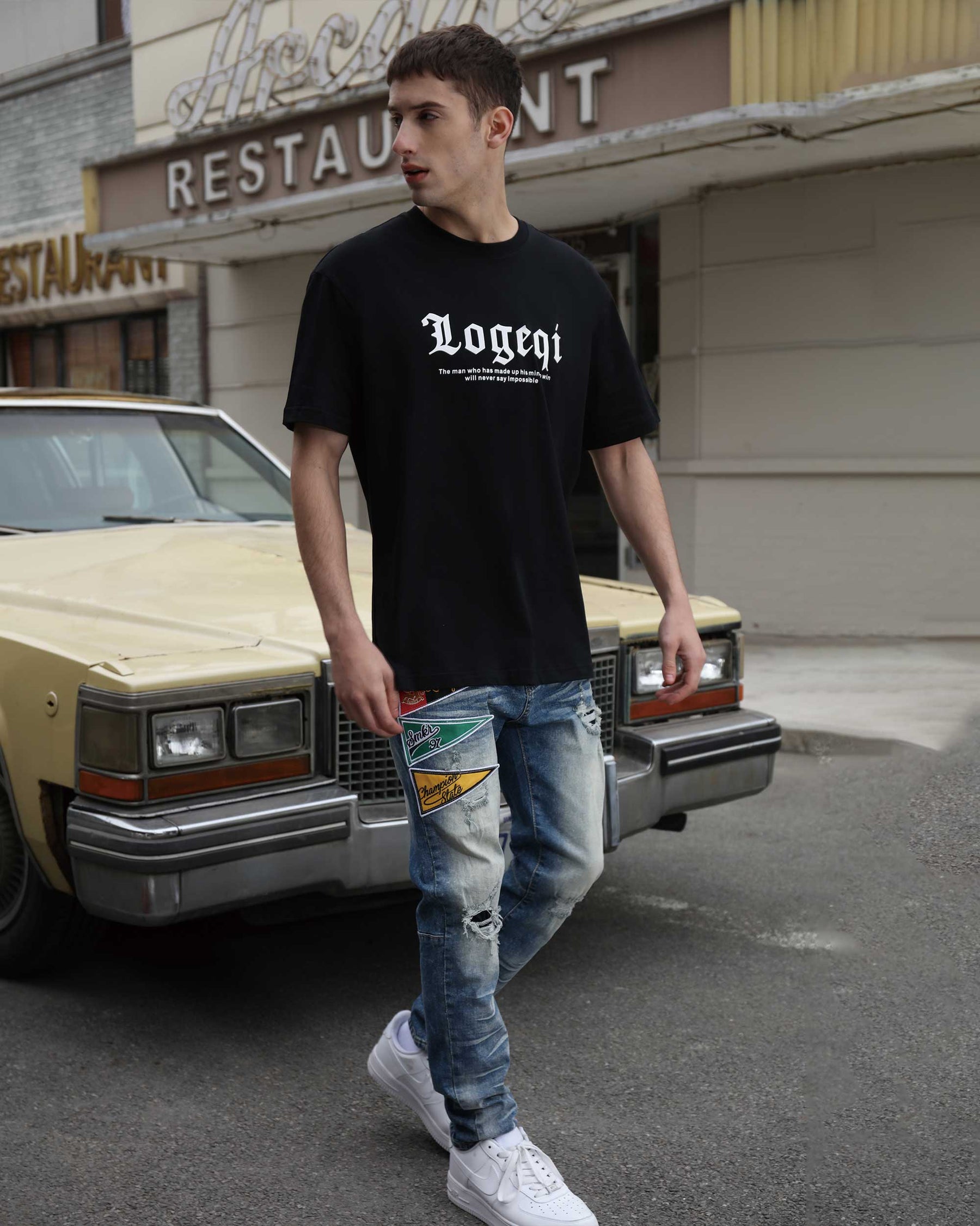 Graphic Tee With Black & White Tiger Head,  "LOGEQI" Lettering, and Quote