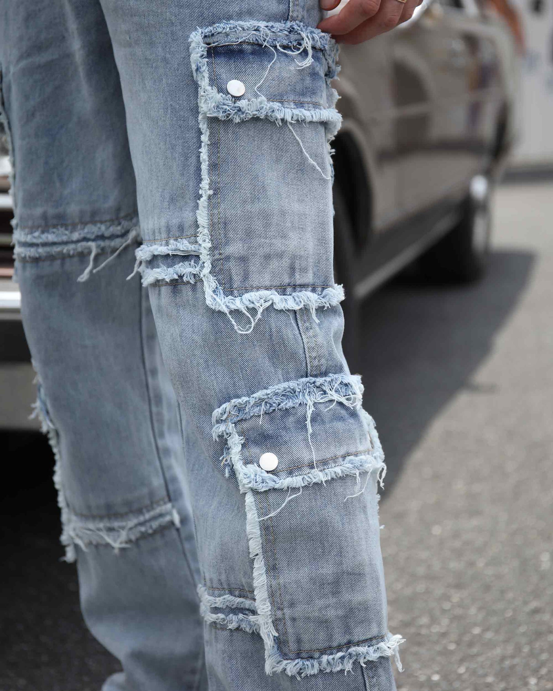 LOGEQI Street Style Men's Fringed Edge Blue Ripped Loose and Baggy Jeans with Pockets