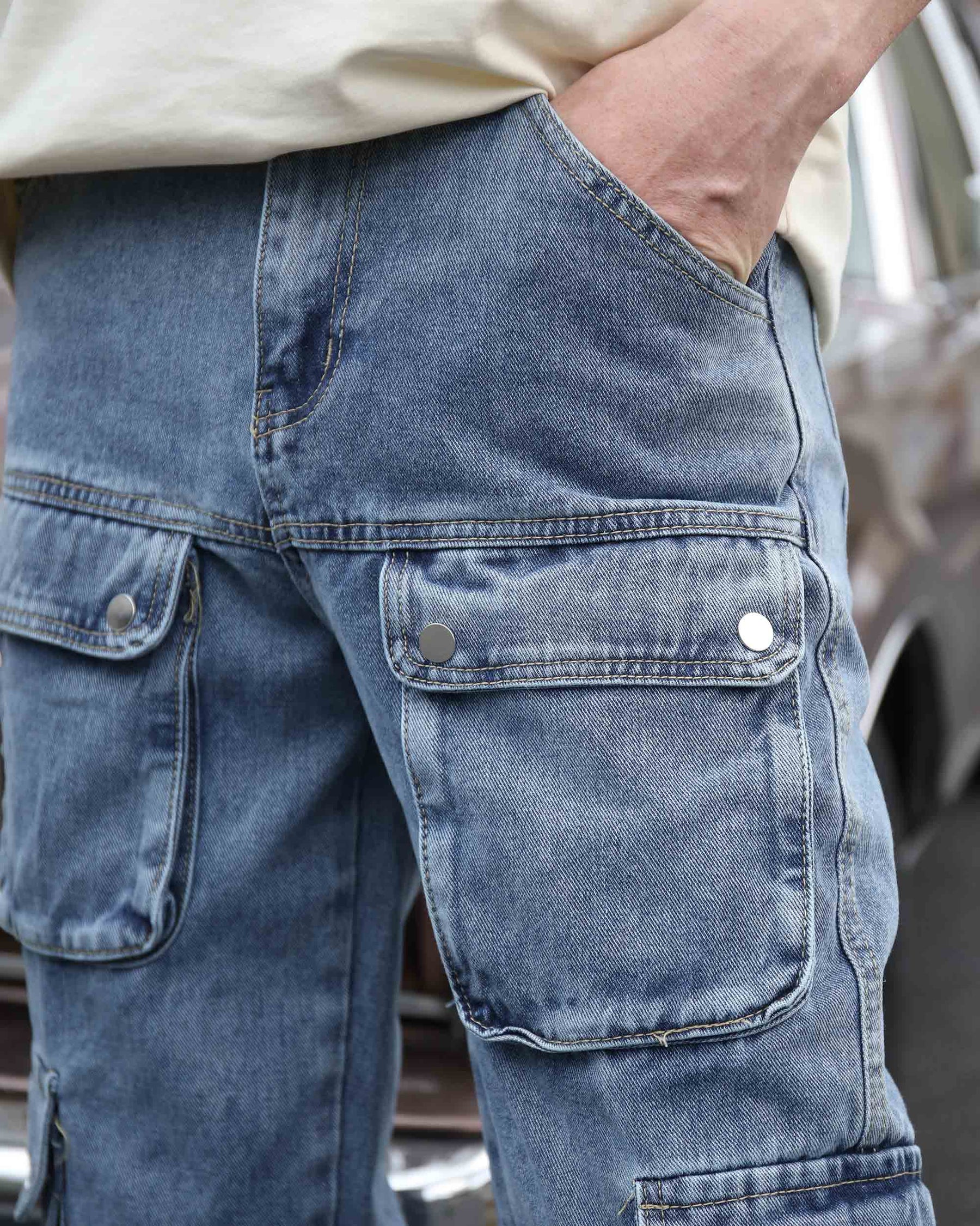 Logeqi Casual Chic Light Blue Baggy Jeans with Multiple Pockets