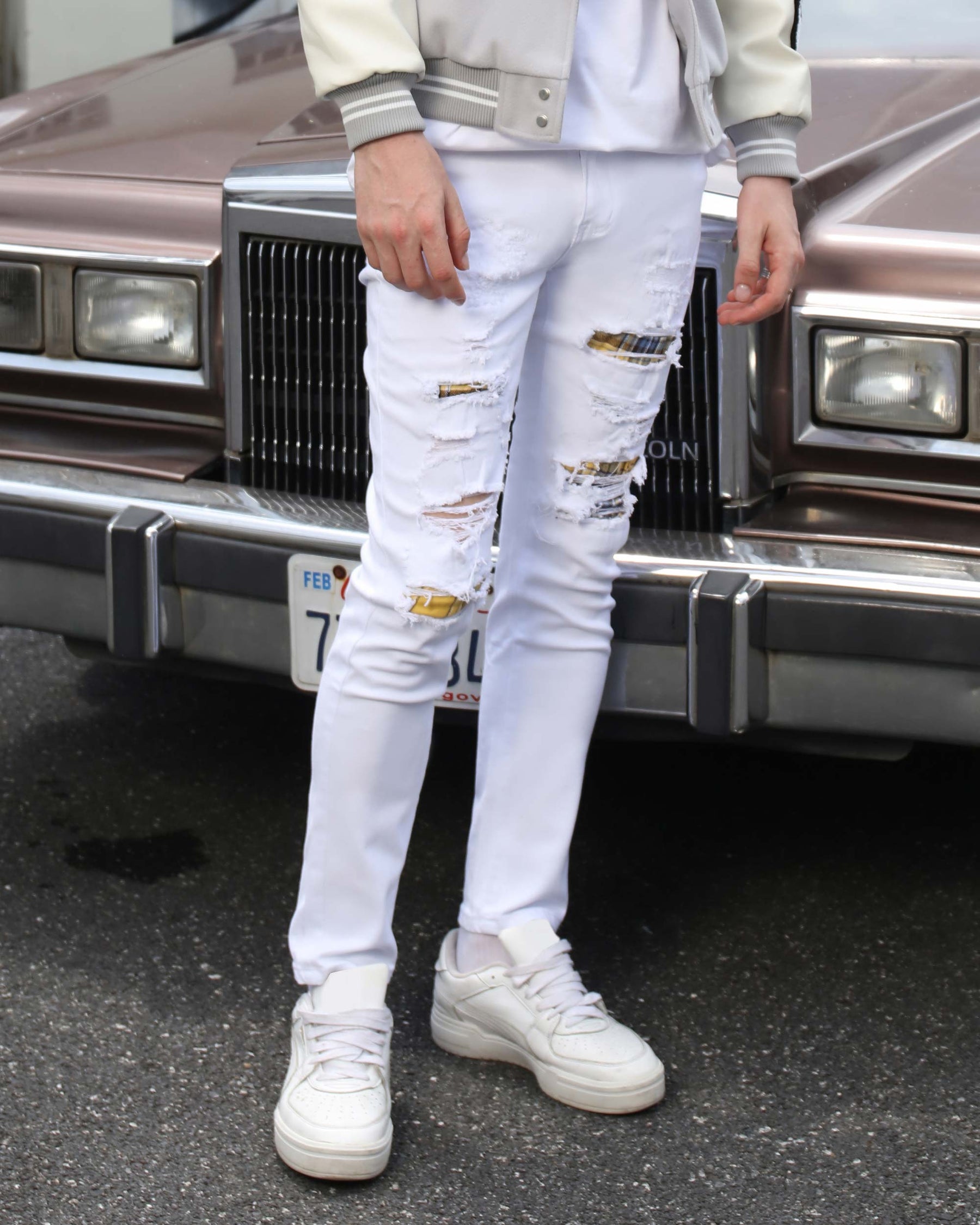 White Ripped Jeans with Yellow & Black Plaid Patches-Mexico Local Delivery