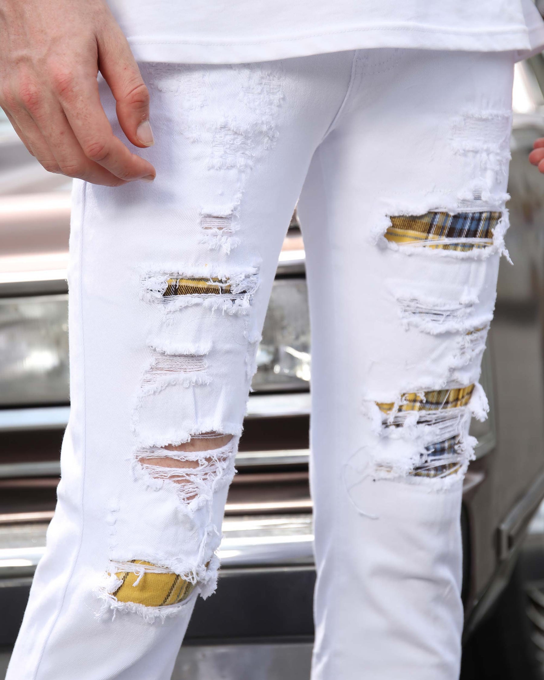 White Ripped Jeans with Yellow & Black Plaid Patches-Mexico Local Delivery
