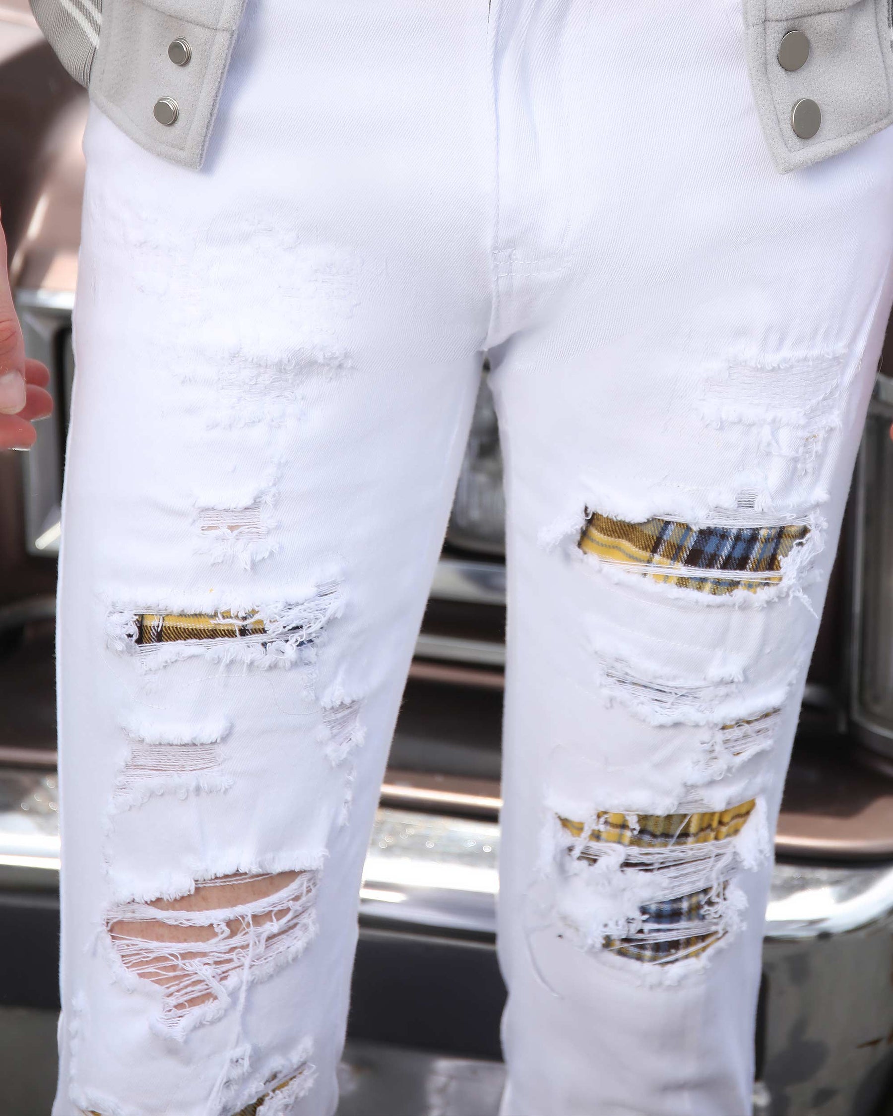 White Ripped Jeans with Yellow & Black Plaid Patches-Mexico Local Delivery