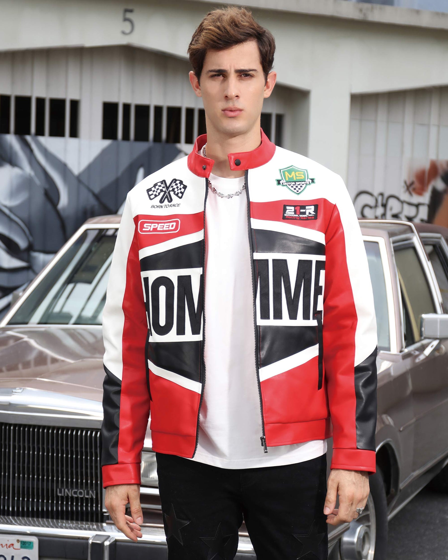Motorcycle-Style Color-Block Jackets with Welt Collar