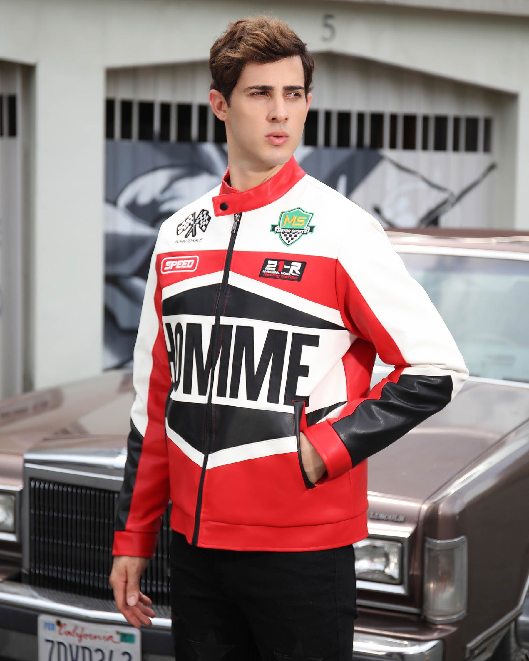 Motorcycle-Style Color-Block Jackets with Welt Collar