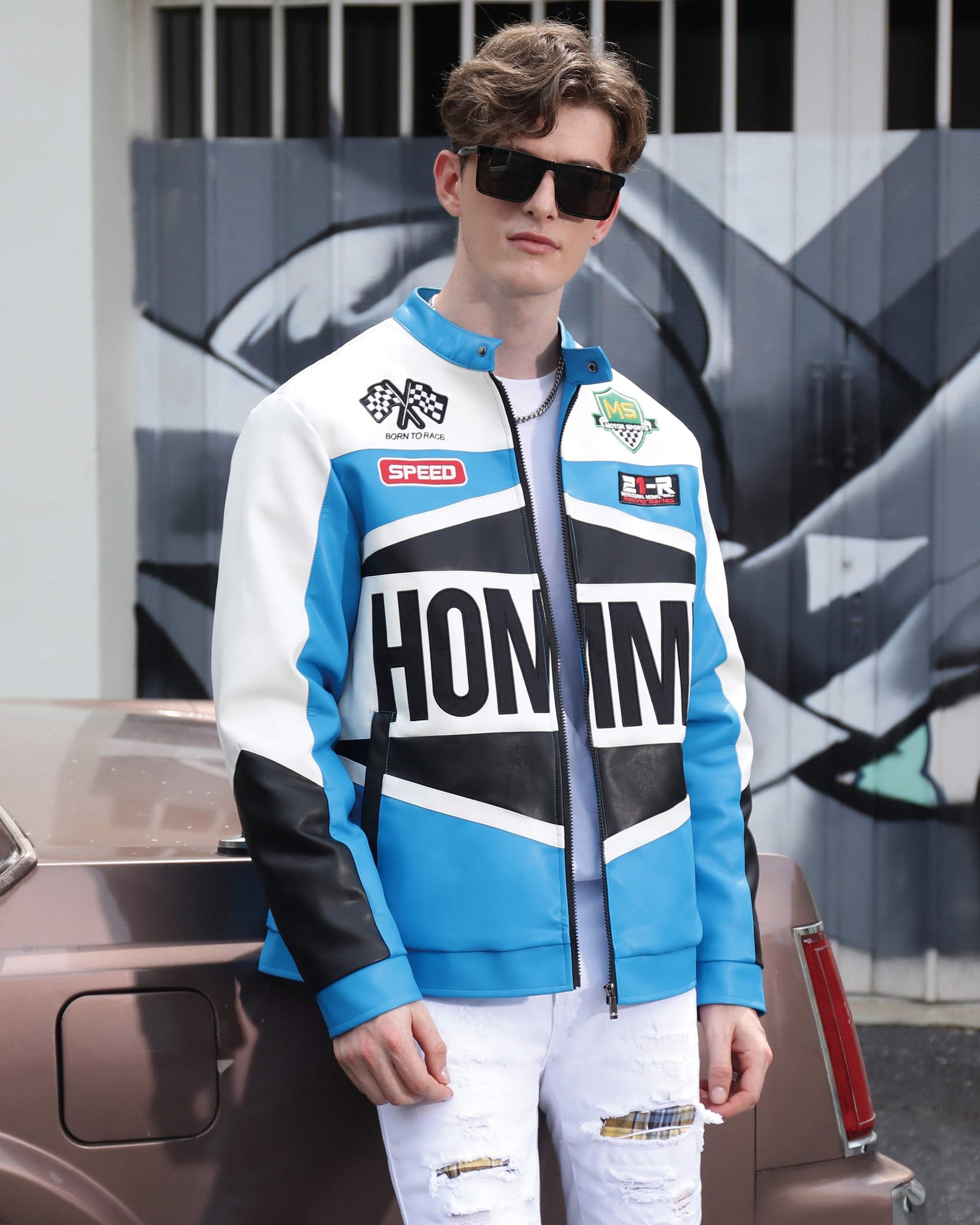 Motorcycle-Style Color-Block Jackets with Welt Collar