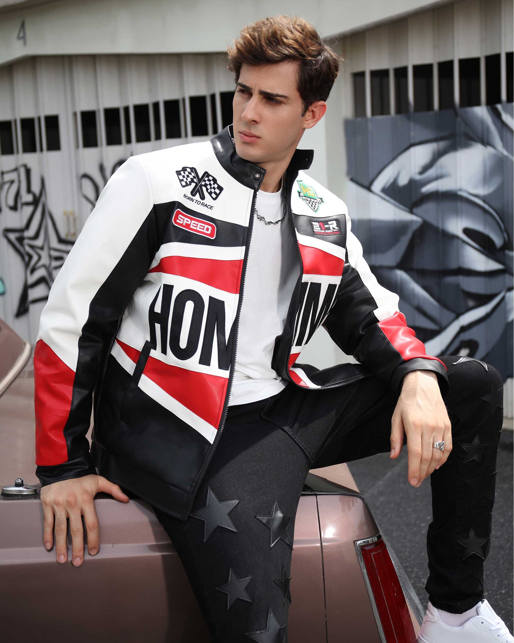 Motorcycle-Style Color-Block Jackets with Welt Collar