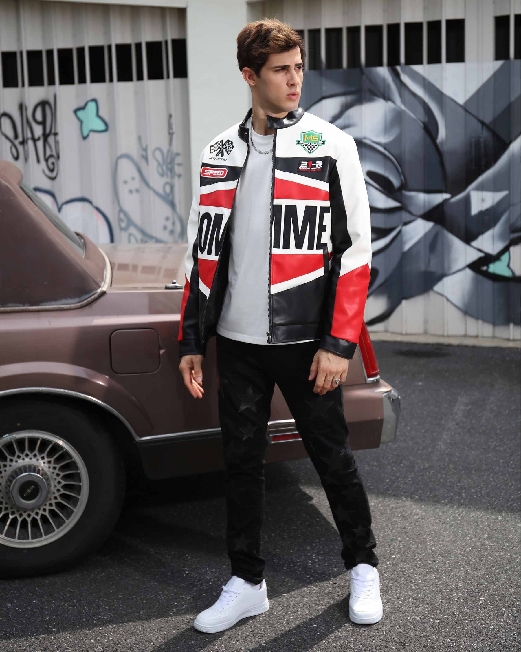 Motorcycle-Style Color-Block Jackets with Welt Collar
