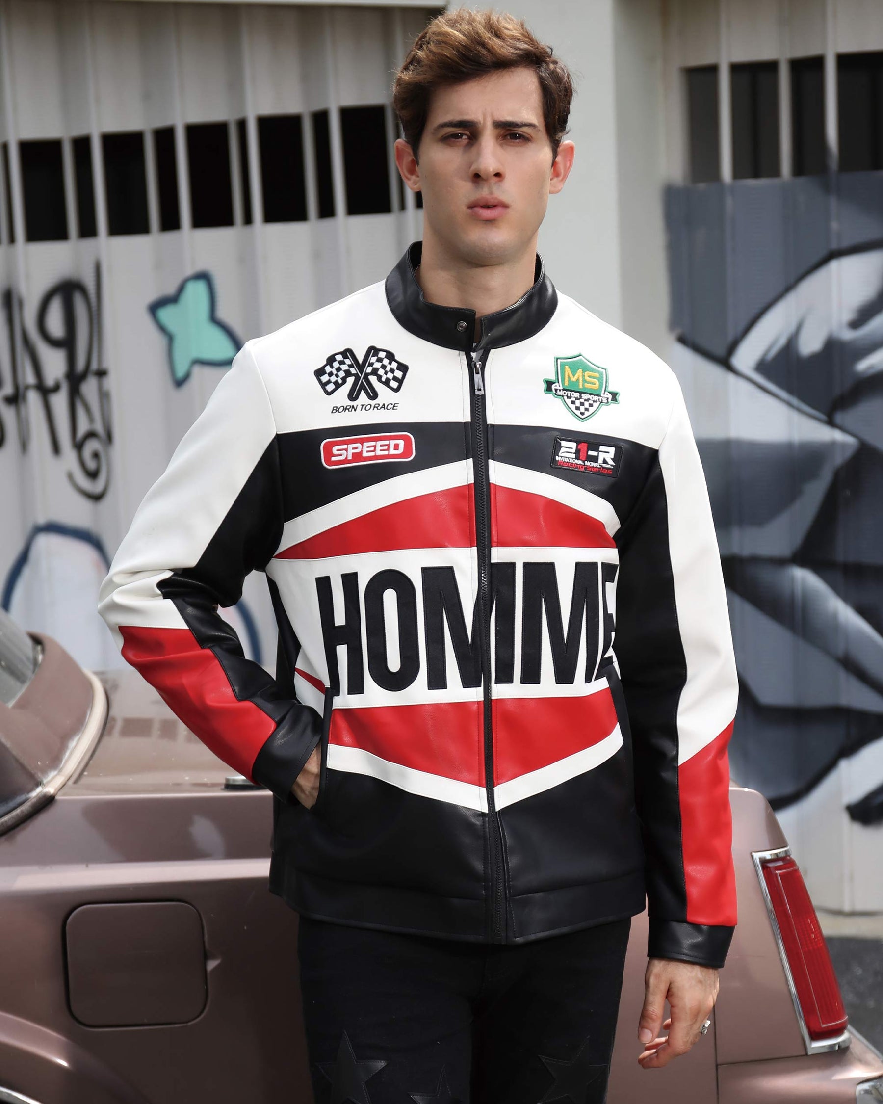 Motorcycle-Style Color-Block Jackets with Welt Collar