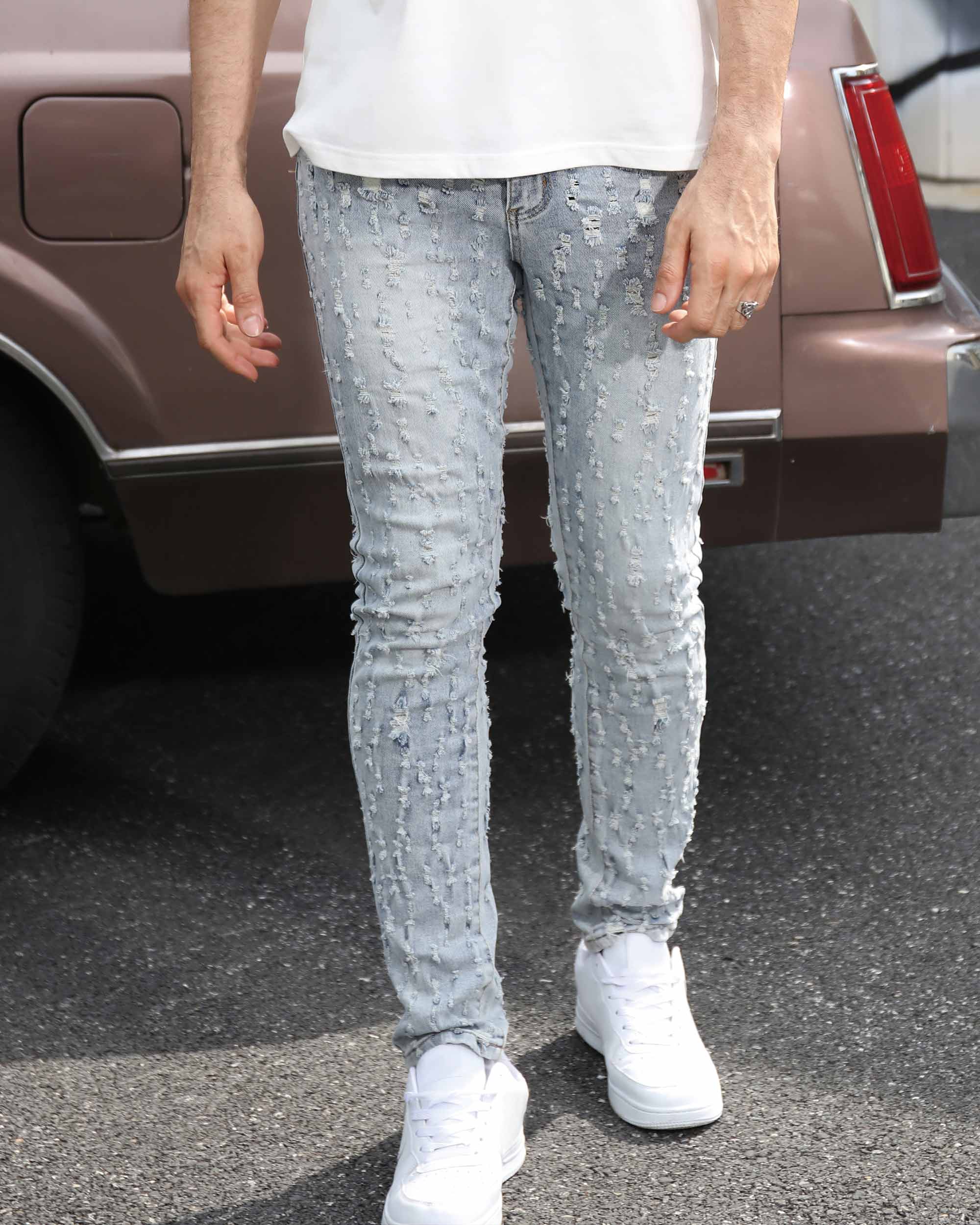 Acid Blue Light Wash Mid Rise Straight Fit Ripped Jeans