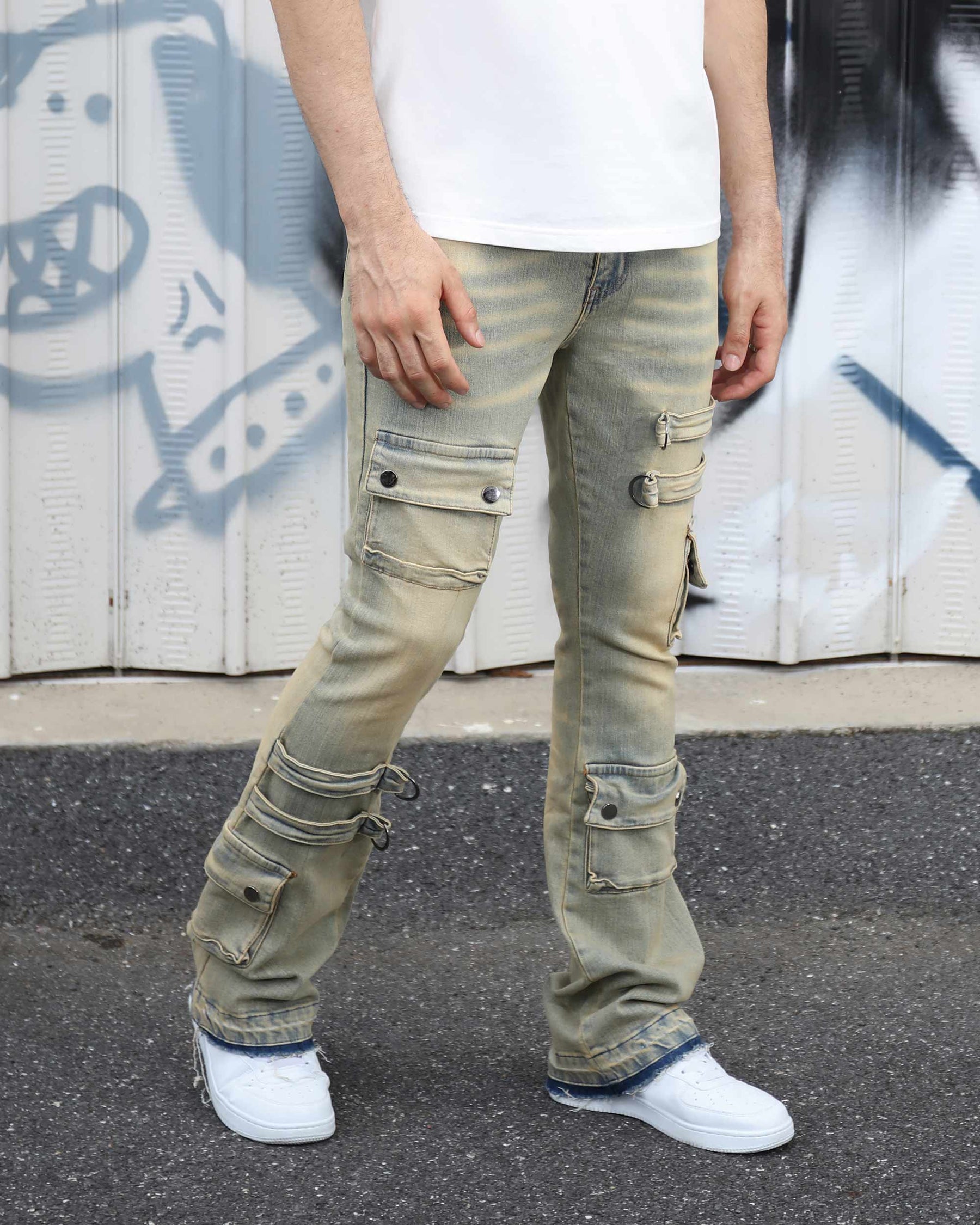 Industrial Style Distressed Straight Leg Cargo Jeans-Mexico Local Delivery