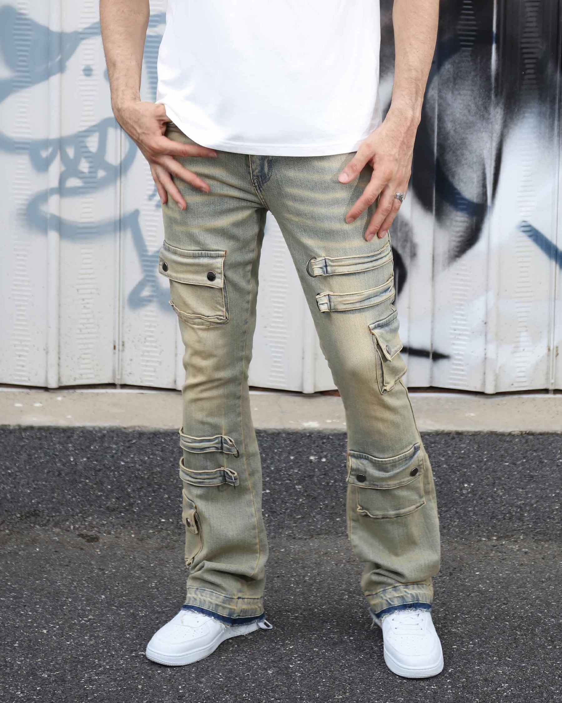 Industrial Style Distressed Straight Leg Cargo Jeans-Mexico Local Delivery