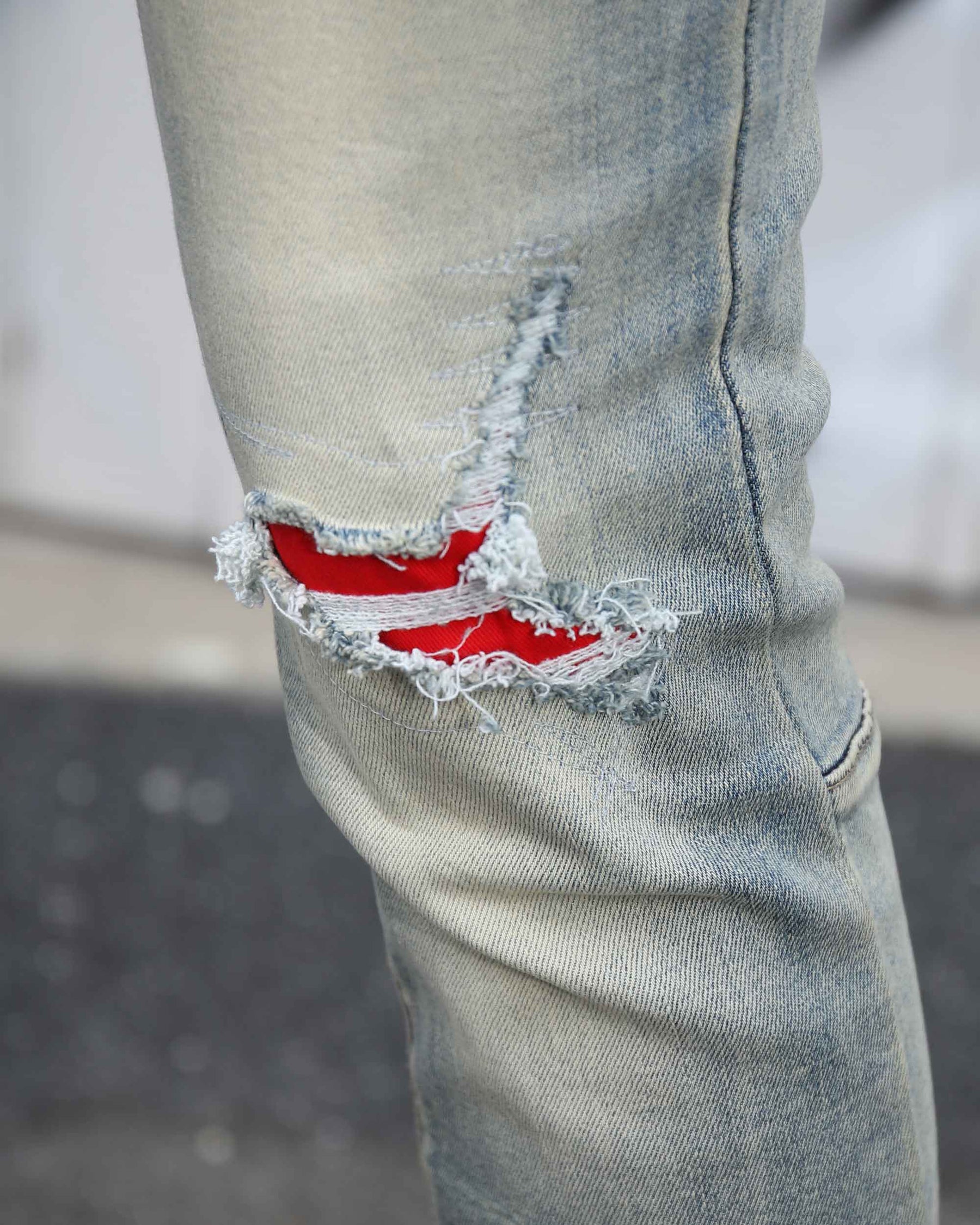 Logeqi Distressed Light Wash Blue Ripped Jeans with Lion Motif Embroider