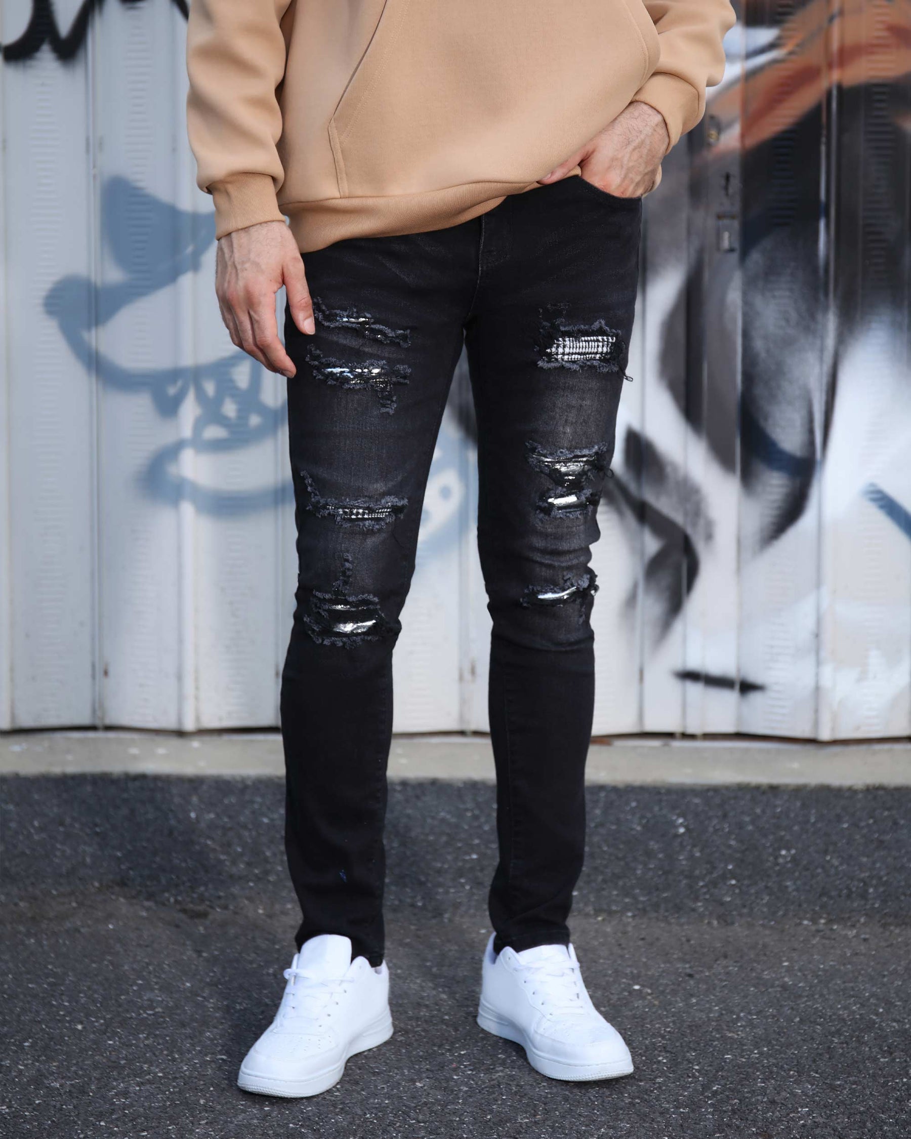 LOGEQI Black Ripped Jeans with Bold Rips and Plaid Patch