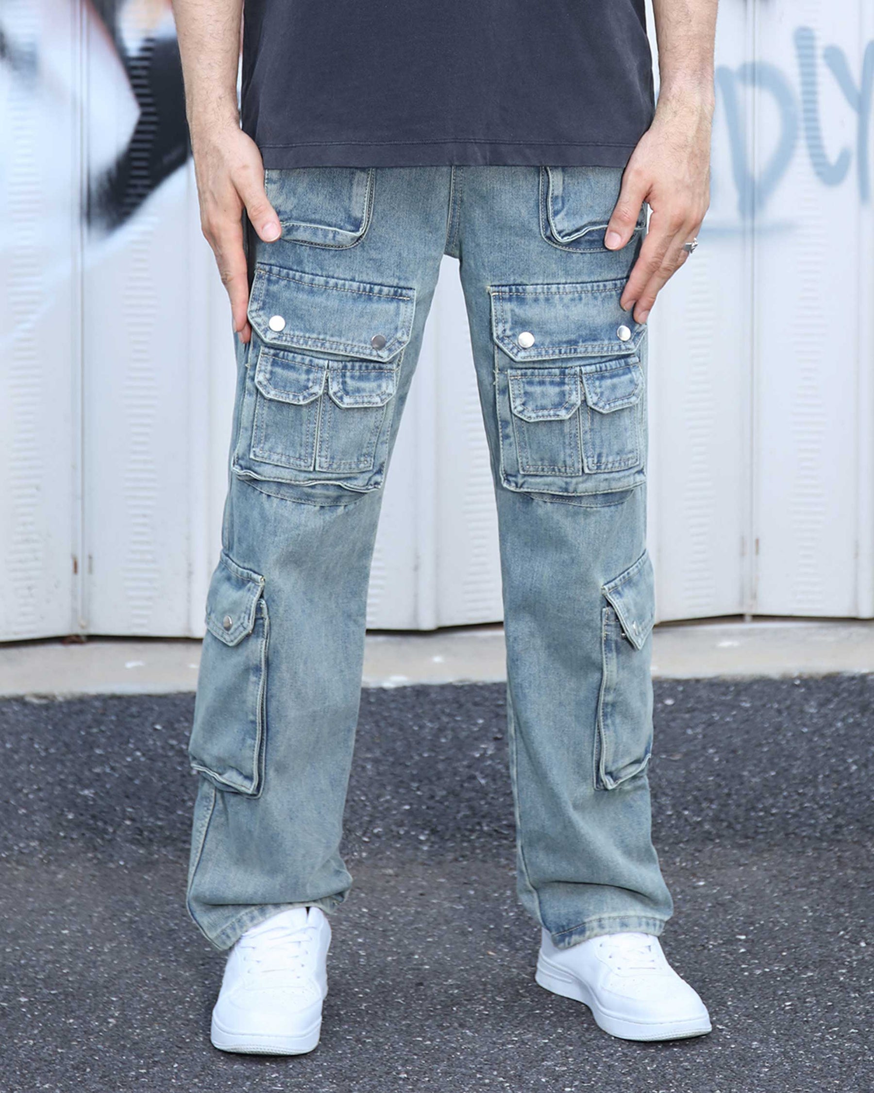 Logeqi Distressed Craftsmanship in Blue Baggy Jeans with Multiple Pockets