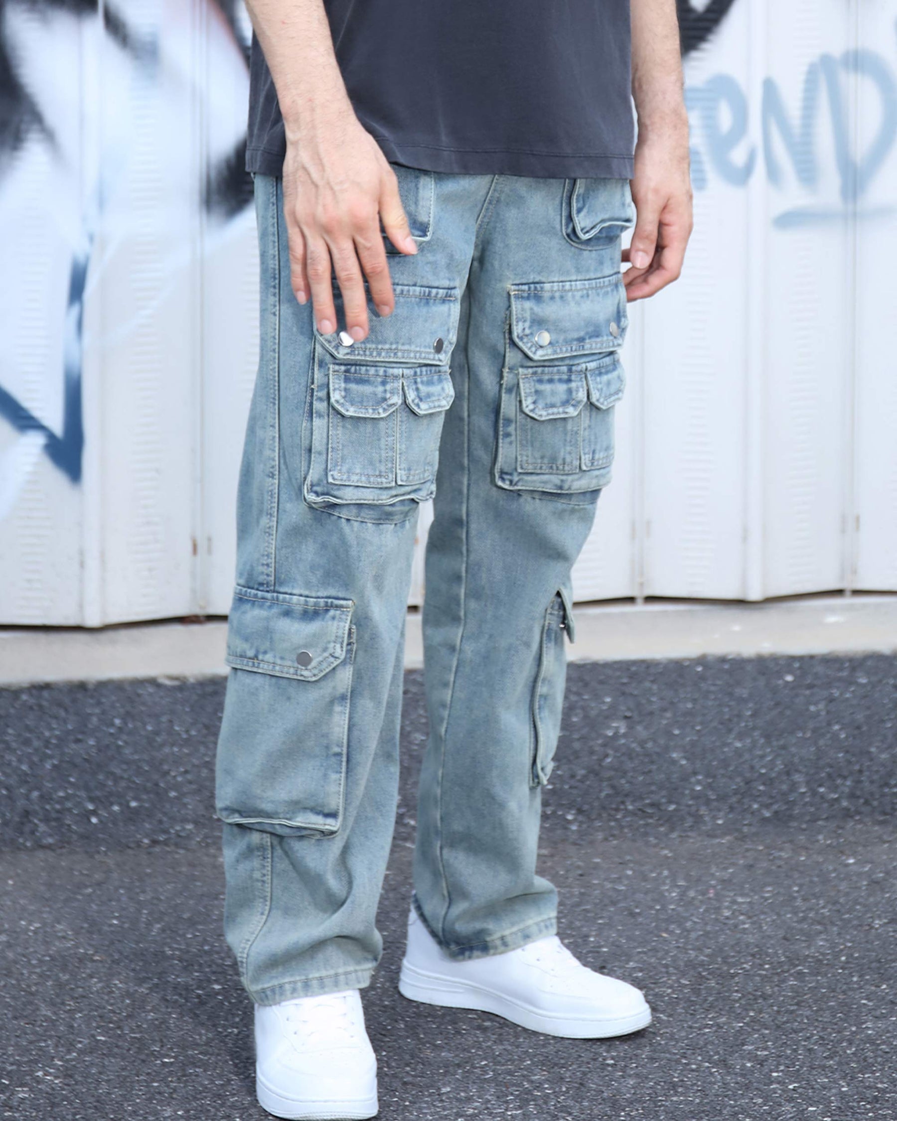 Logeqi Distressed Craftsmanship in Blue Baggy Jeans with Multiple Pockets