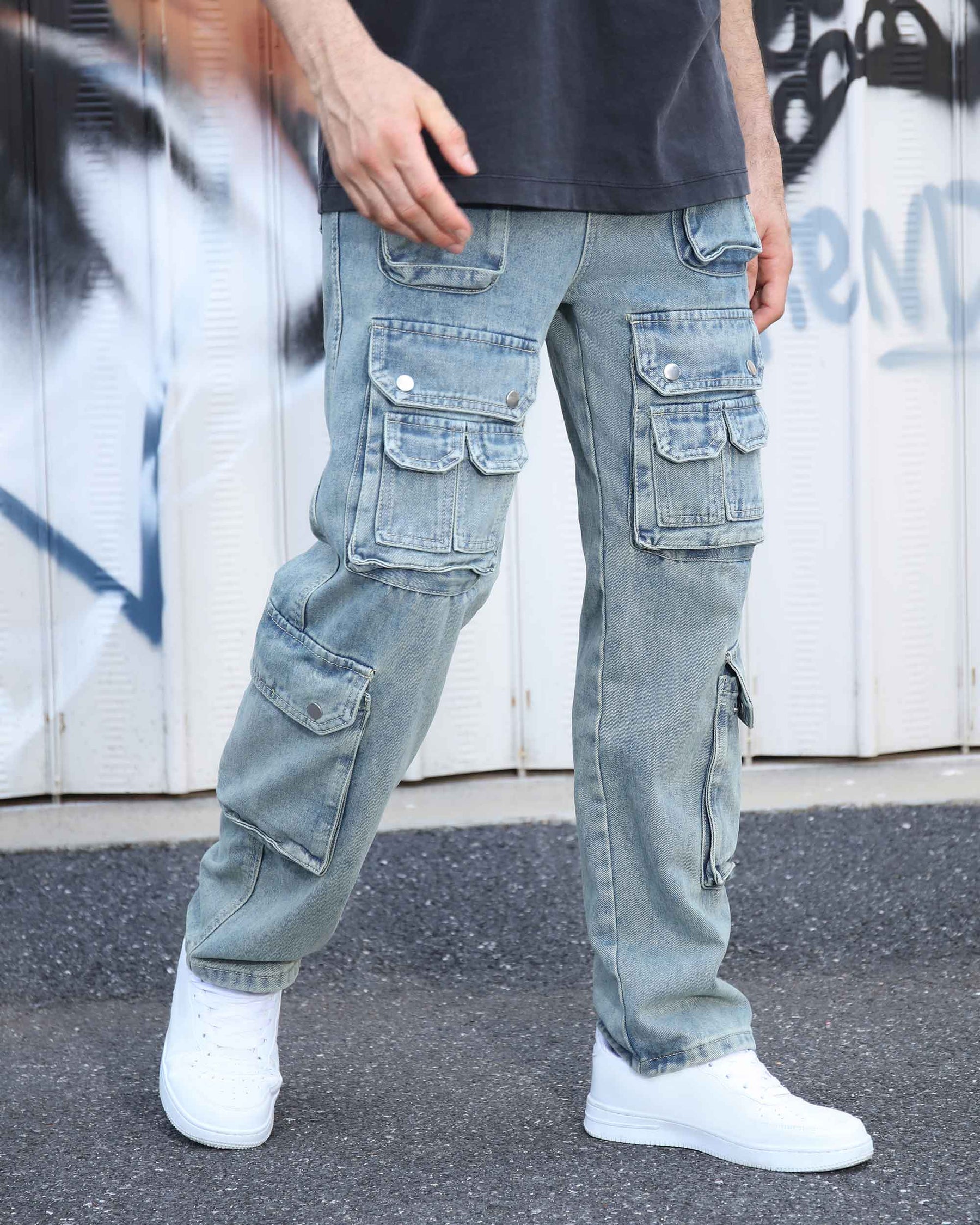 Logeqi Distressed Craftsmanship in Blue Baggy Jeans with Multiple Pockets