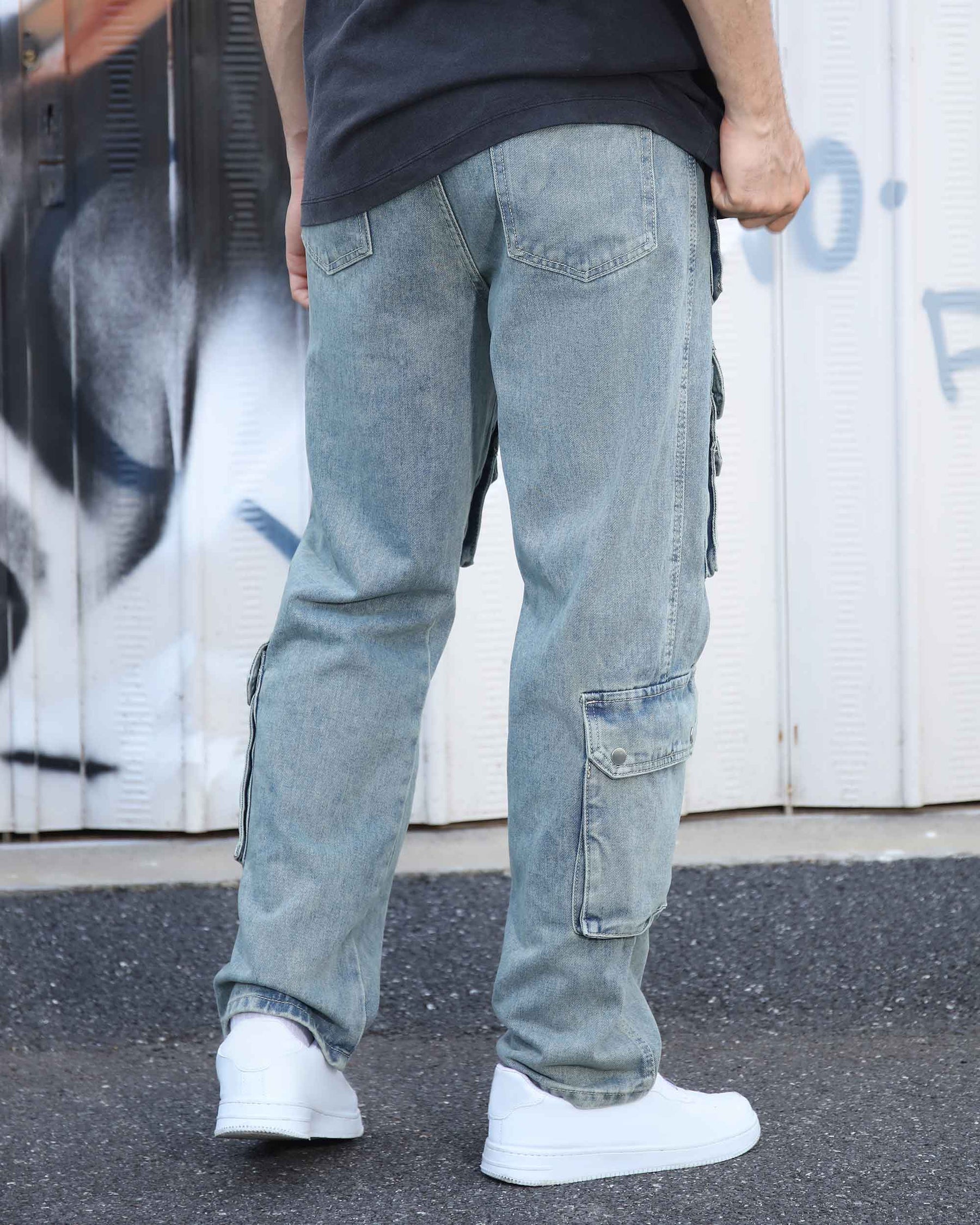 Logeqi Distressed Craftsmanship in Blue Baggy Jeans with Multiple Pockets