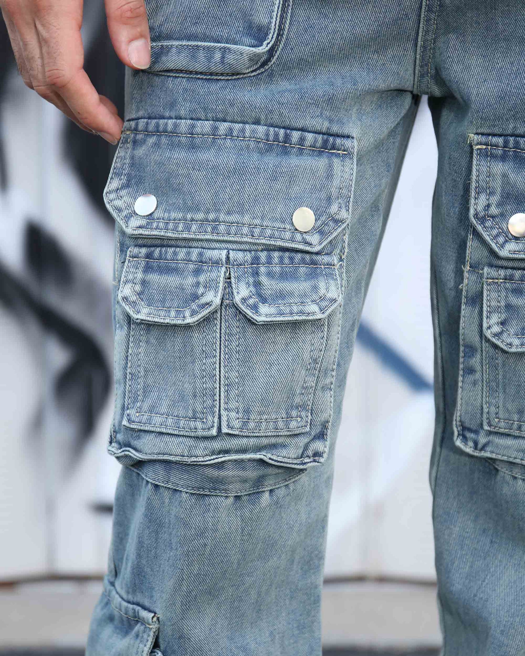 Logeqi Distressed Craftsmanship in Blue Baggy Jeans with Multiple Pockets