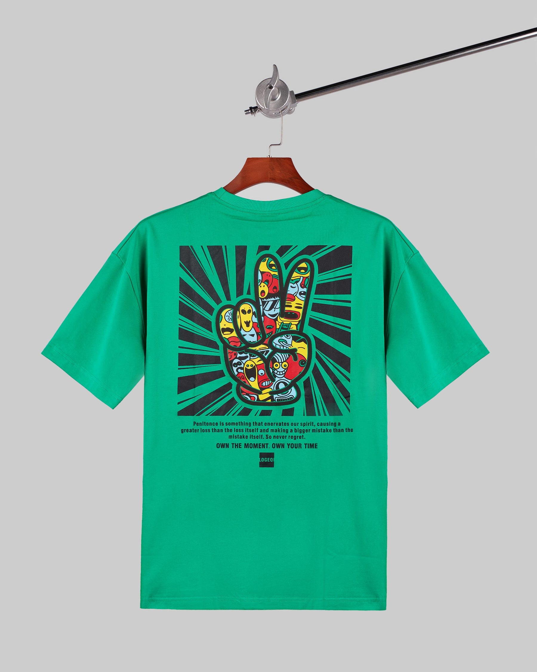 100% Cotton T-Shirt with Hand Sign Graphic and Radiating Background