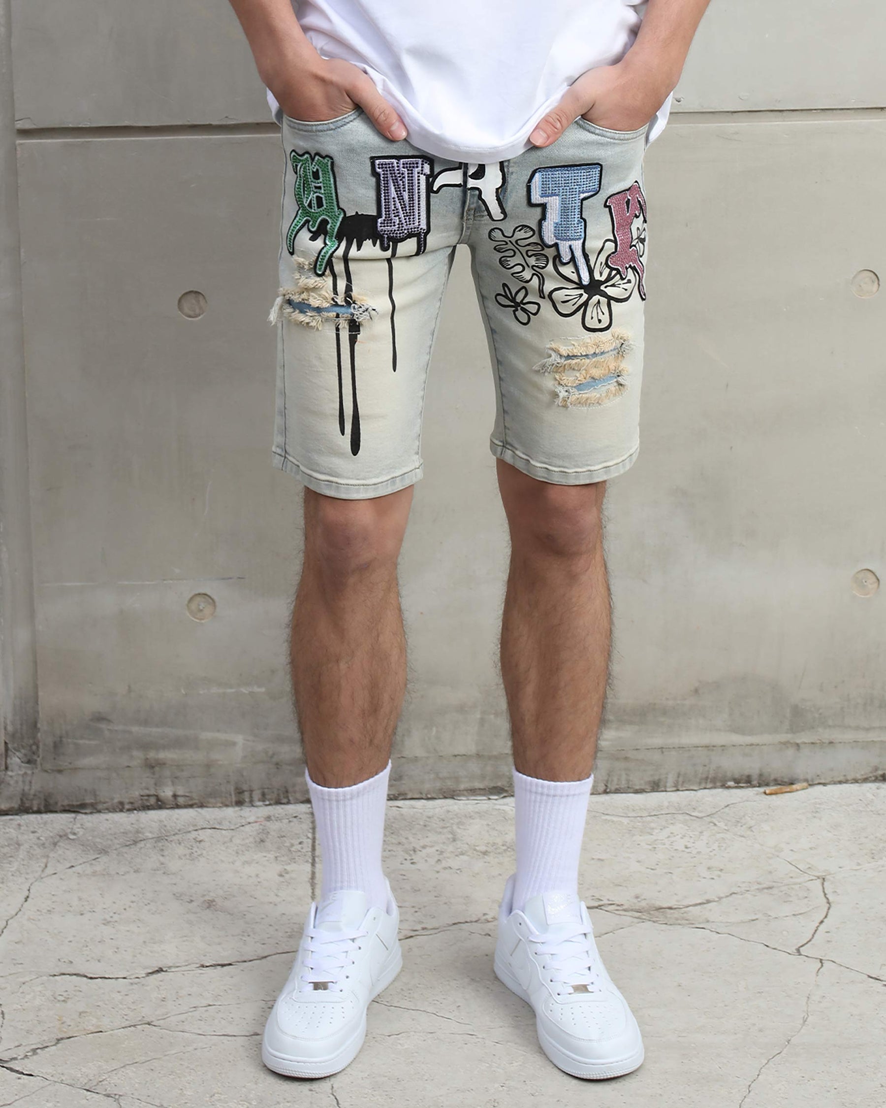 Distressed Graffiti Painted Blue Denim Shorts