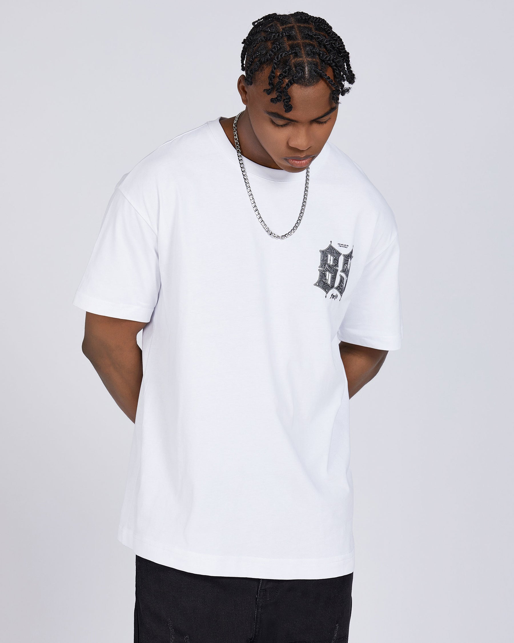 White Gothic-Style 89 Number & Letter Graphic T-Shirts