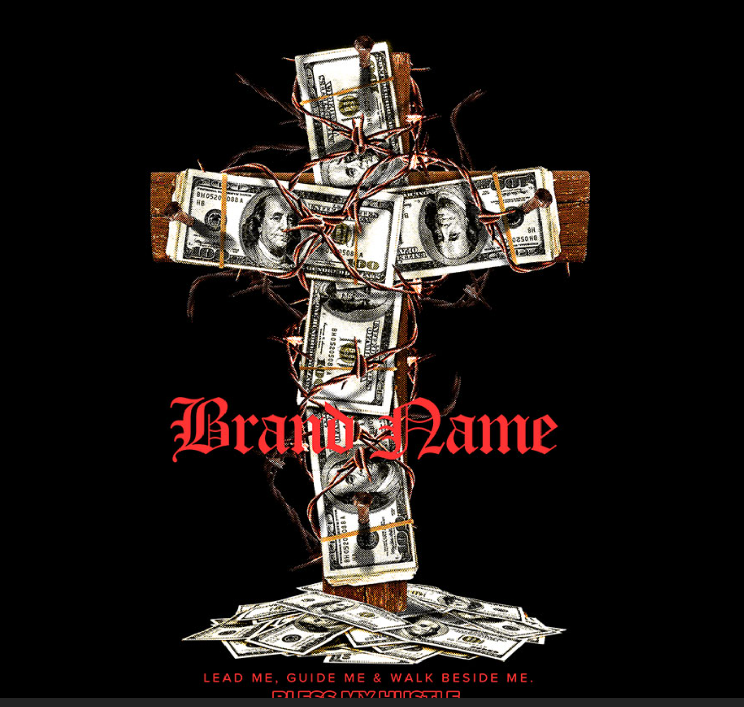 Money Cross Barbed Wire Graphic. Edgy Brand Art with Dollar Bills & Red Typography