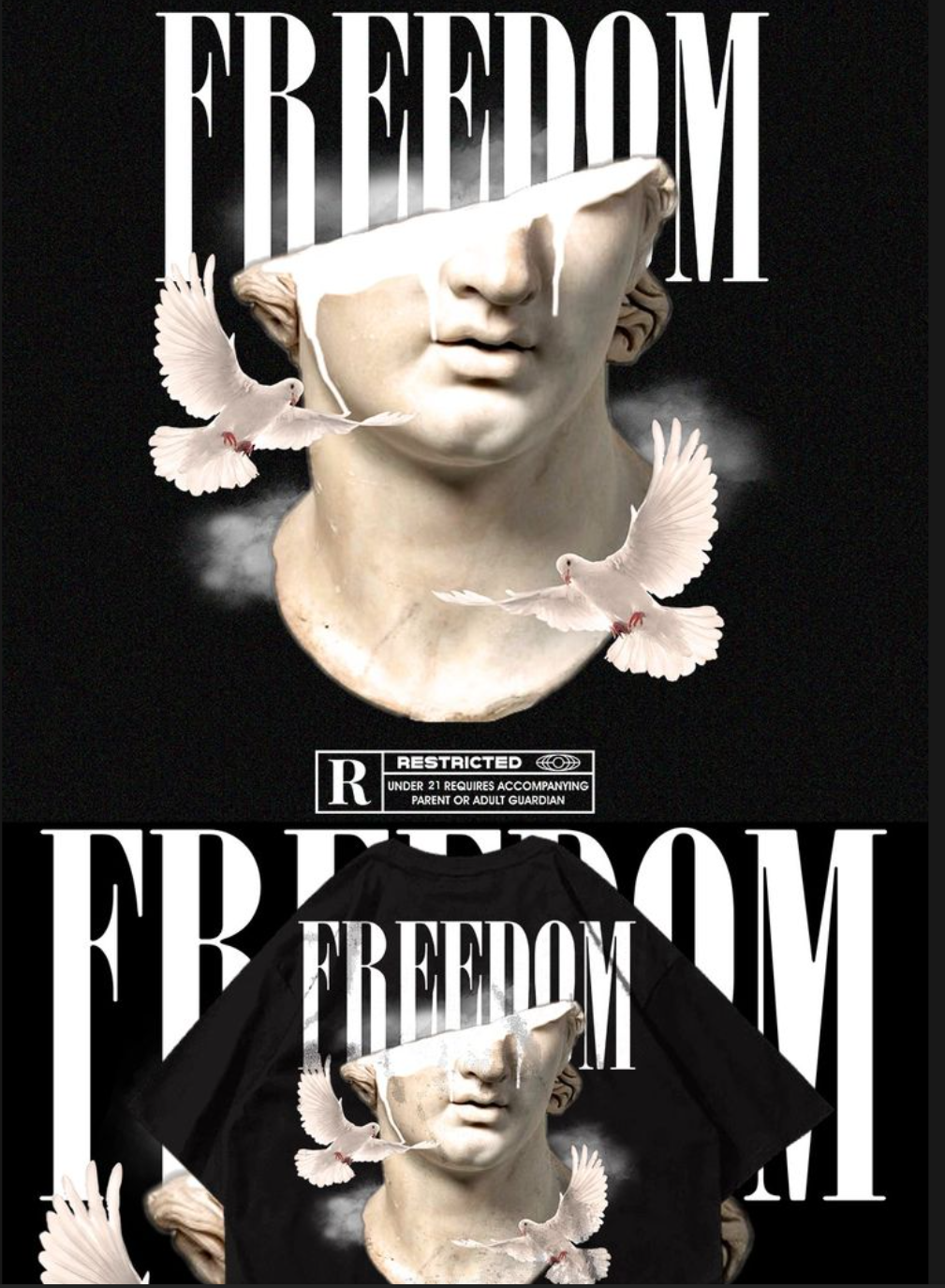 Freedom Graphic for LOGEQI Custom Printed Tees. Statue, Doves, Bold Typography for Streetwear Aesthetic