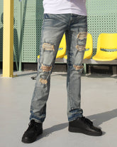 Vaqueros ajustados con parches y rotos en las rodillas azules vintage de LOGEQI para hombre