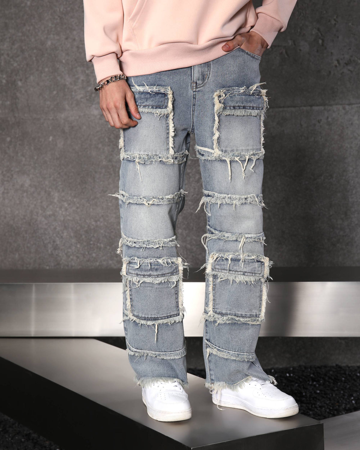 Eye-Catching Men’s Blue Heavily Distressed Patchwork Jeans