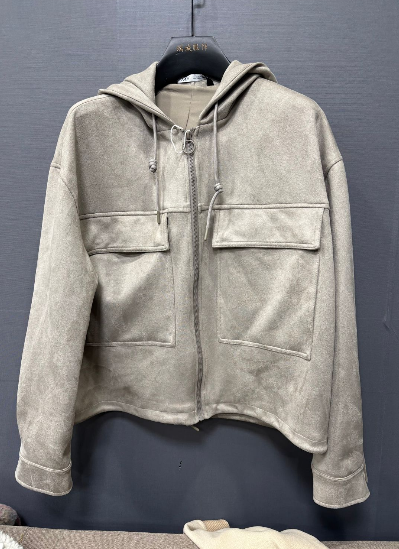 LOGEQI men's beige hooded cargo utility zip-up shirt jacket loose fit