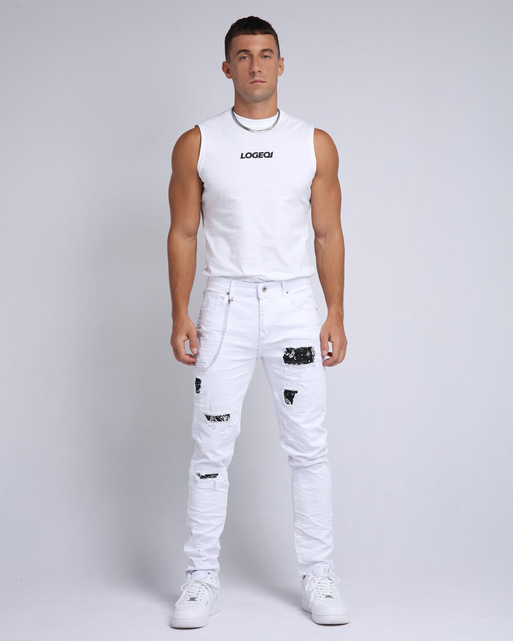 LOGEQI Graffiti Patch Slim Fit Ripped White Jeans