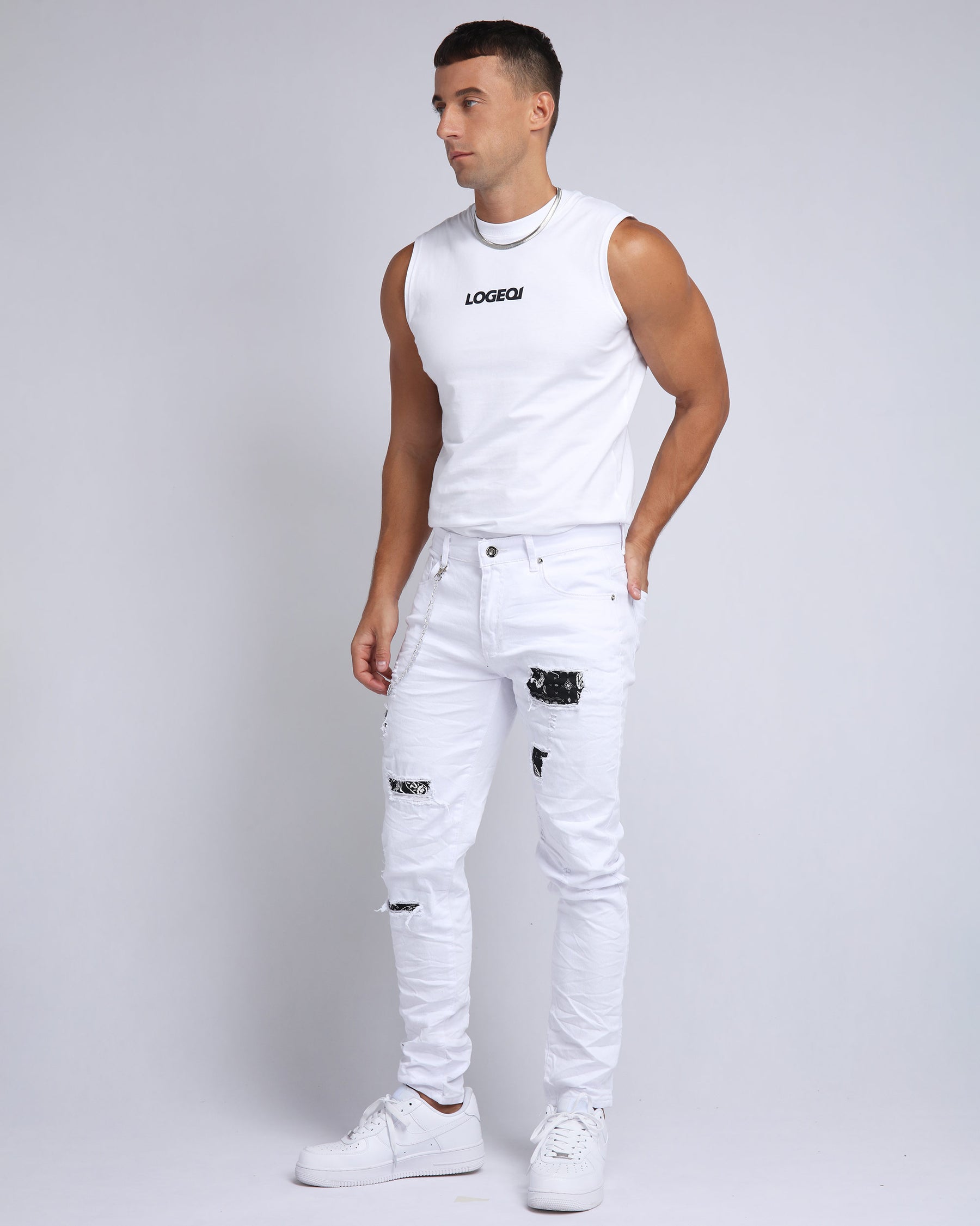 LOGEQI Graffiti Patch Slim Fit White Jeans