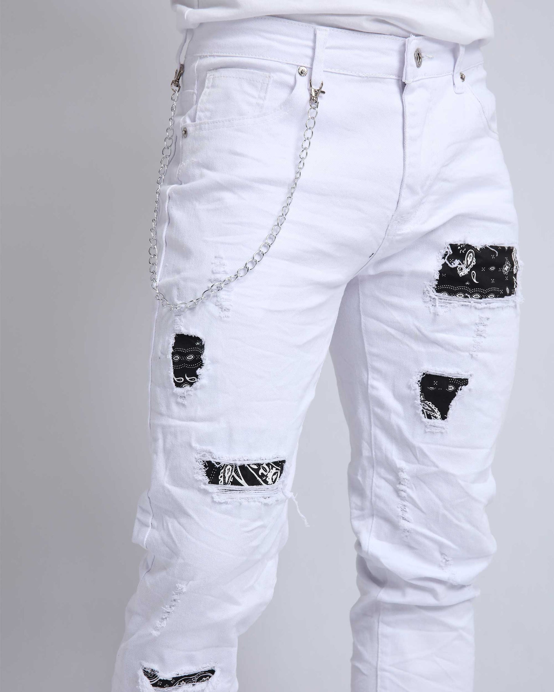 LOGEQI Graffiti Patch Slim Fit White Ripped Jeans