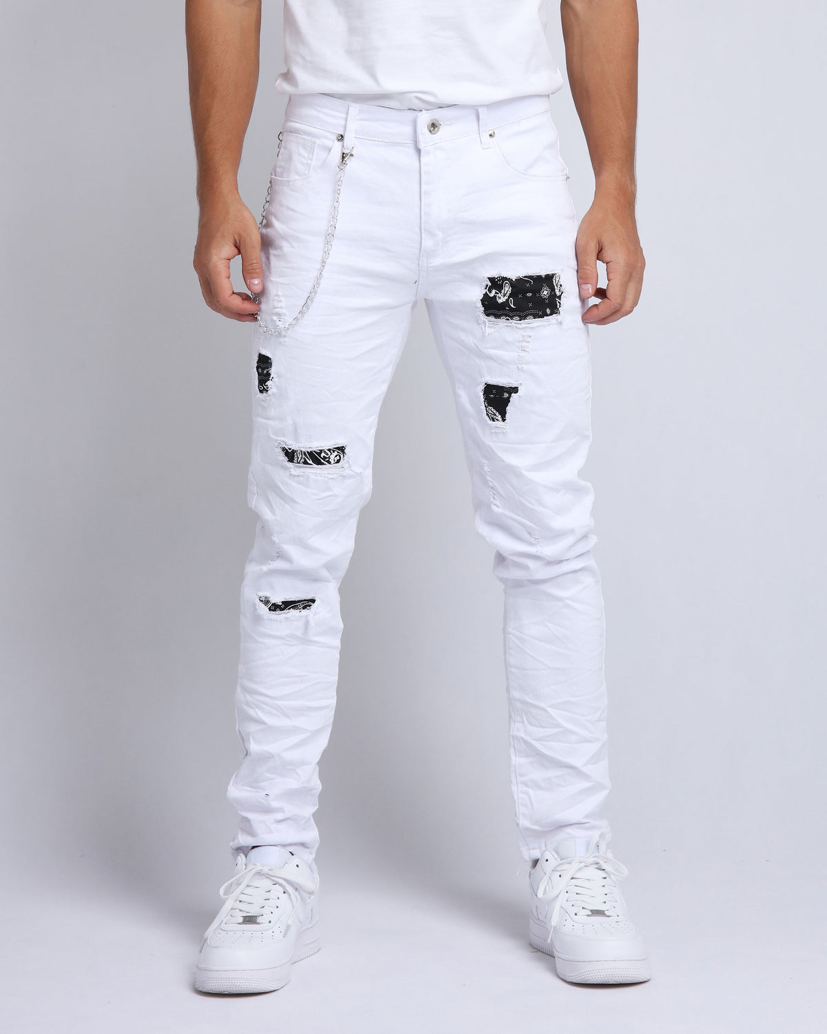 LOGEQI Graffiti Patch Slim Fit Ripped White Jeans
