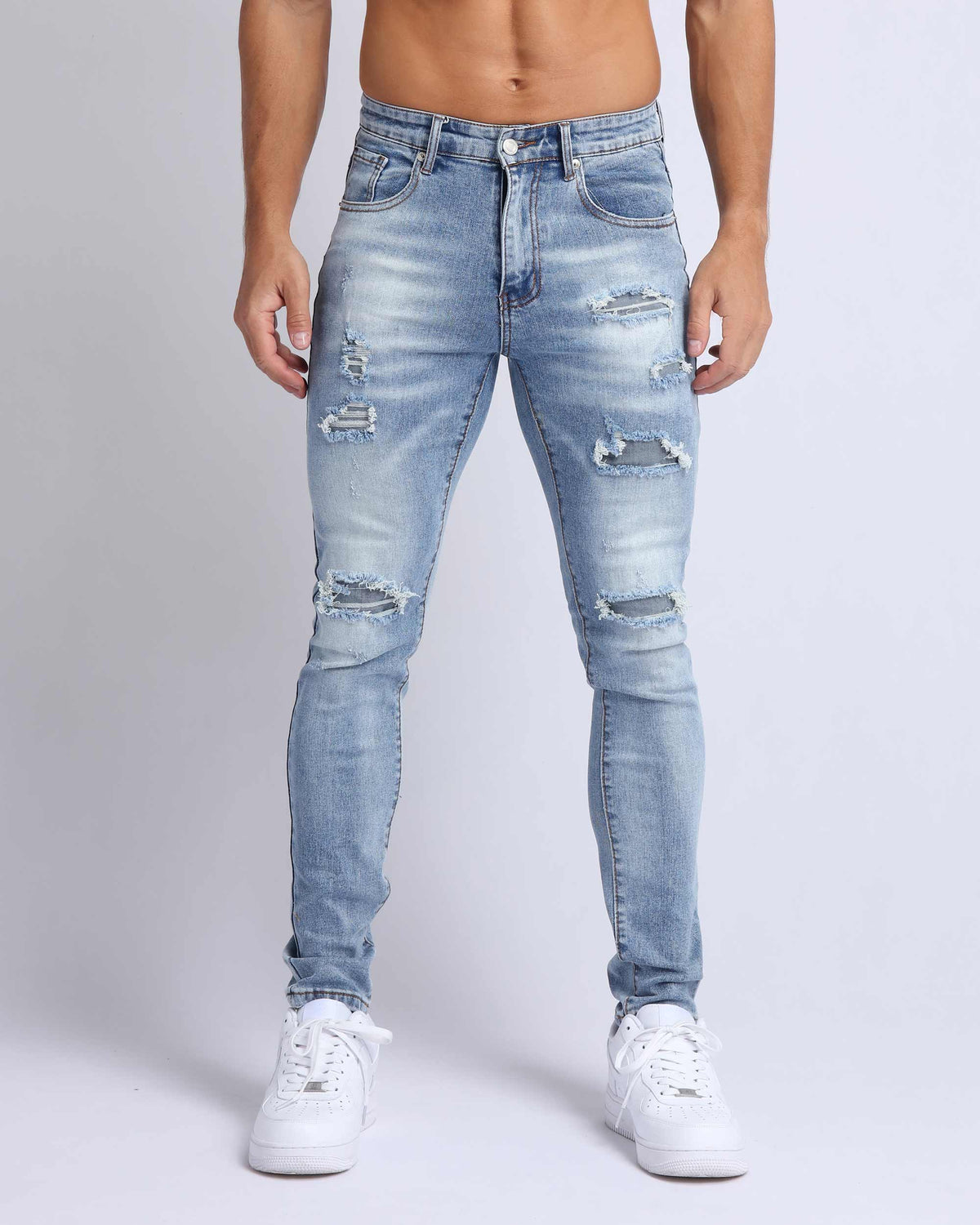 LOGEQI Light Wash Slim Fit Ripped Blue Jeans