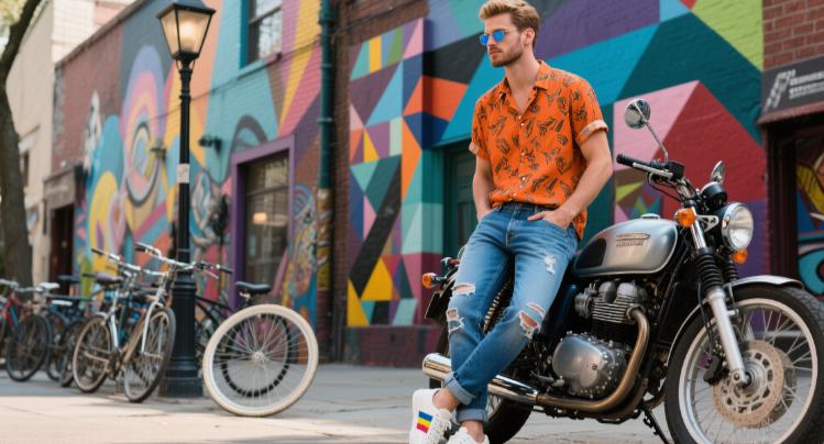 A man wearing slim-fit ripped jeans sitting on a motorcycle