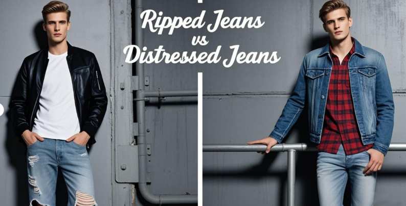 Men wearing ripped jeans with black leather jackets vs. distressed jeans with blue denim jackets and checkered shirts