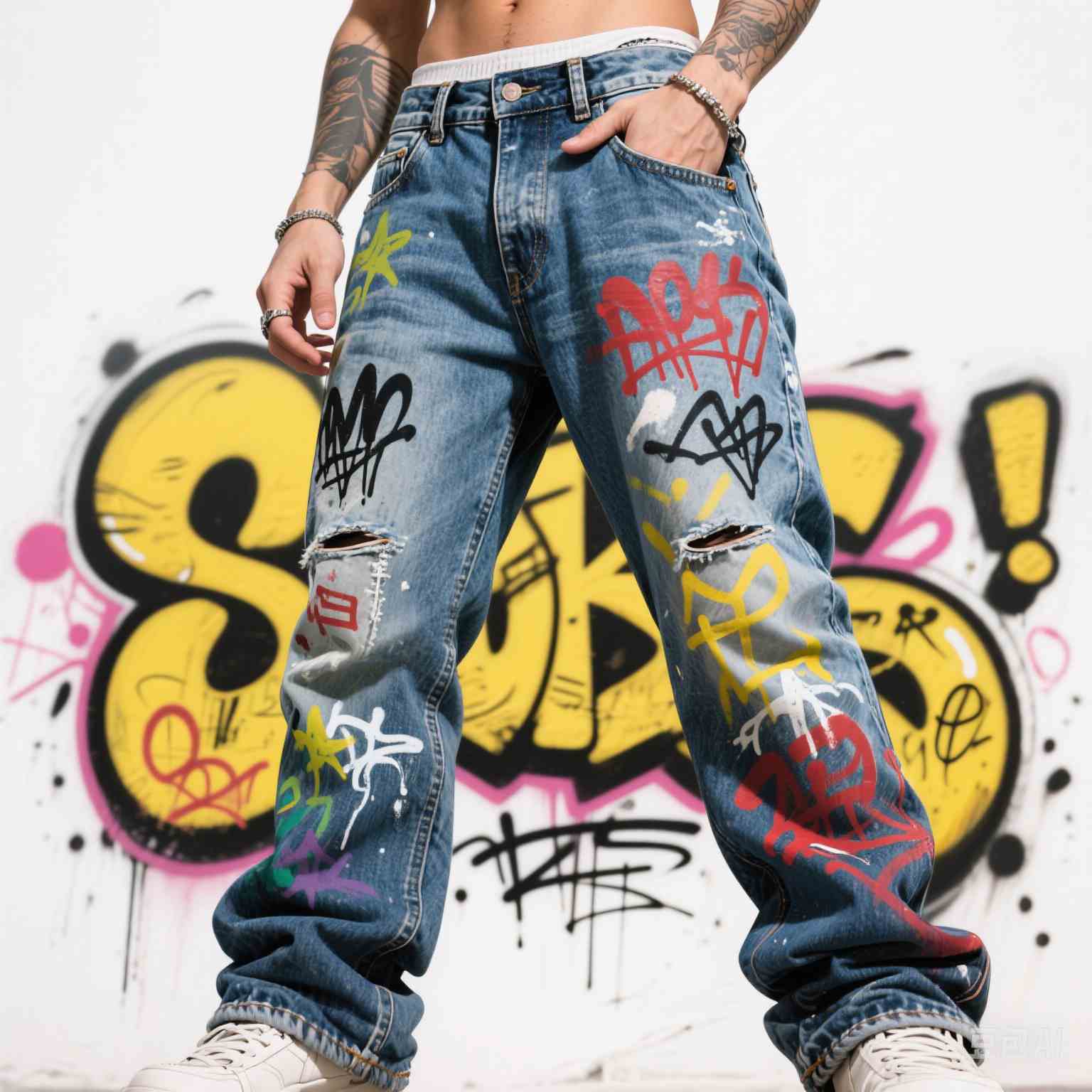 Pantalones vaqueros con estampado de grafiti para hombre, jeans de