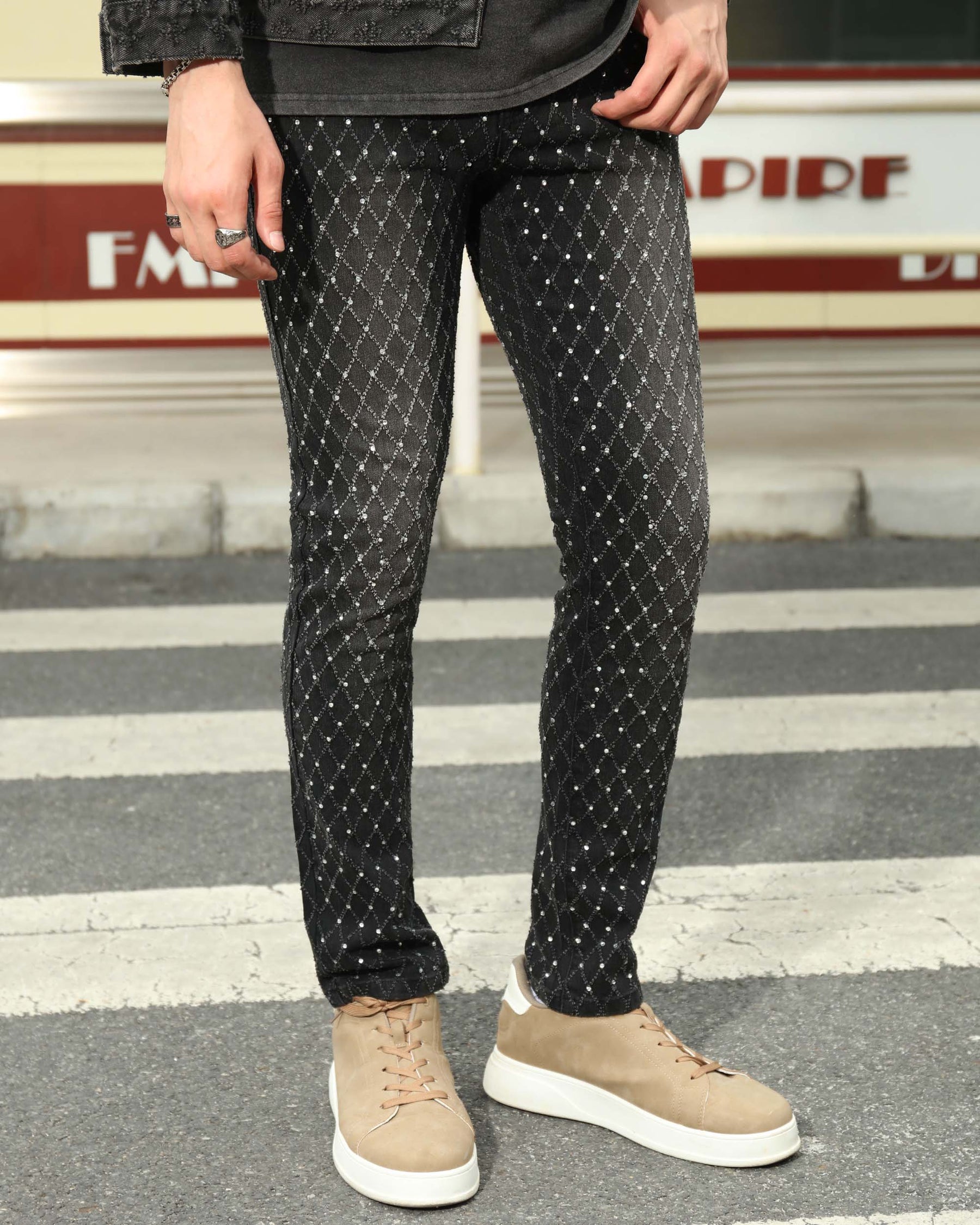 LOGEQI Men’s Light Blue & Black Rhinestone Plaid Skinny Jeans – Vintage Washed Slim Fit Denim Pants