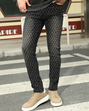 LOGEQI Men’s Light Blue & Black Rhinestone Plaid Skinny Jeans – Vintage Washed Slim Fit Denim Pants