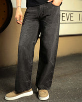 LOGEQI Men’s Black Rhinestone Wide Leg Jeans – Vintage Washed Loose Fit Denim Pants