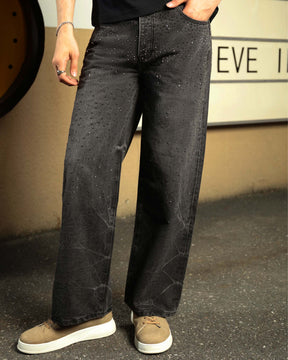 LOGEQI Men’s Black Rhinestone Wide Leg Jeans – Vintage Washed Loose Fit Denim Pants