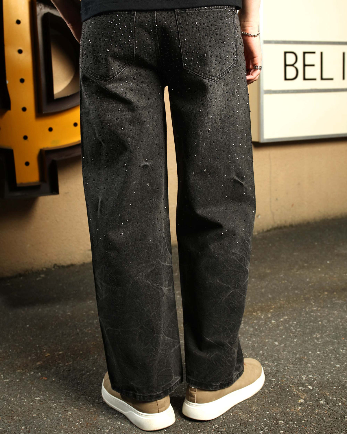 LOGEQI Men’s Black Rhinestone Wide Leg Jeans – Vintage Washed Loose Fit Denim Pants