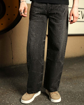 LOGEQI Men’s Black Rhinestone Wide Leg Jeans – Vintage Washed Loose Fit Denim Pants